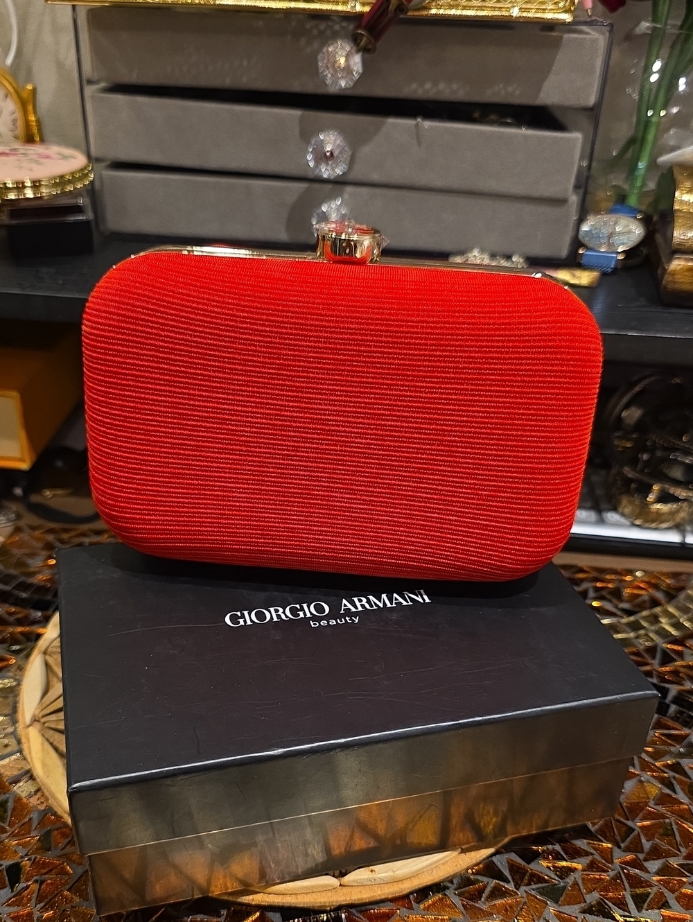 Giorgio Armani Red Satin Evening Clutch with Gold Frame